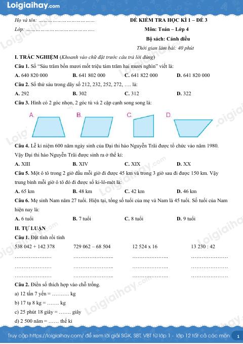 Đề kiểm tra học kì 1 Toán 4 Cánh diều - Đề số 3